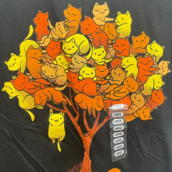 New Threadless Mens Medium Kitty Cat Fall Leaves Tree Cotton Short Sleeve Tee - Picture 2 of 4